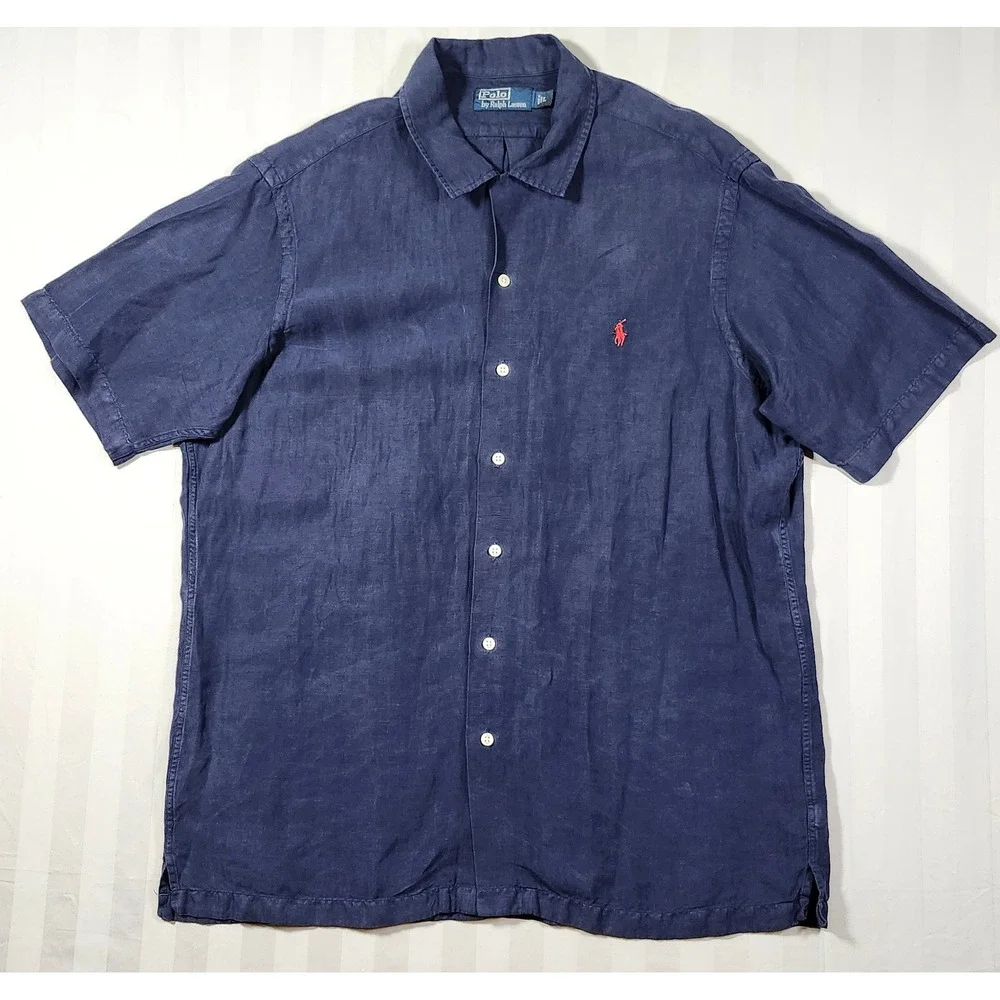 Vintage Polo Ralph Lauren Mens L Navy Button Linen Silk Short Sleeve Shirt Loop - Picture 1 of 7
